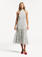 Rixo weißes Eleanor Polka Dot Stufen-Midikleid