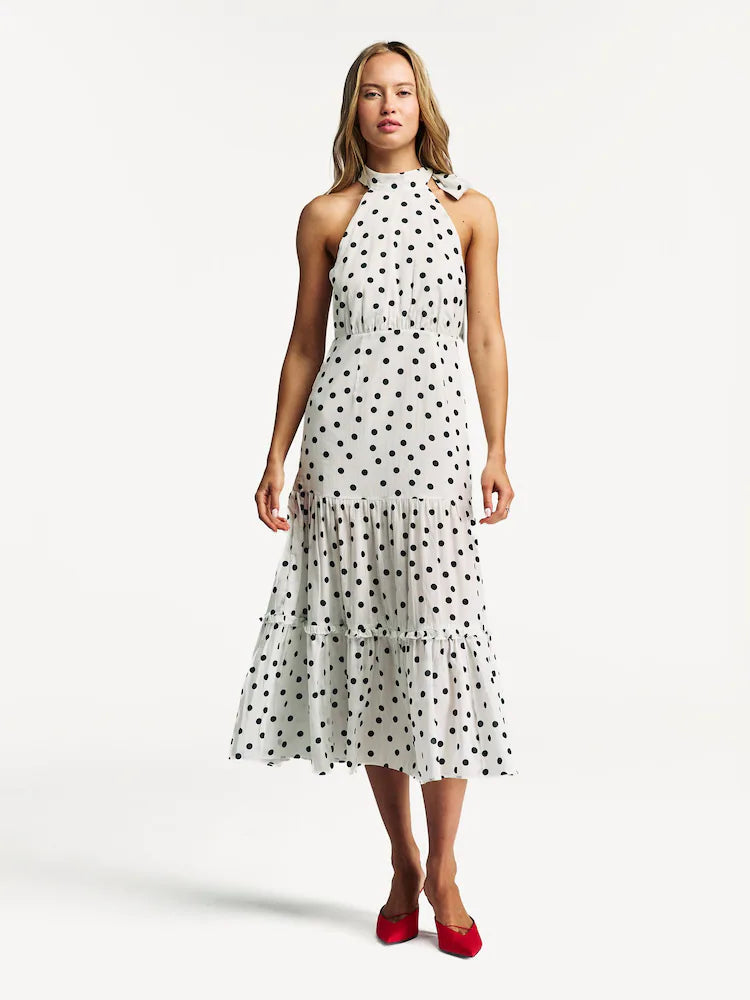 Rixo weißes Eleanor Polka Dot Stufen-Midikleid