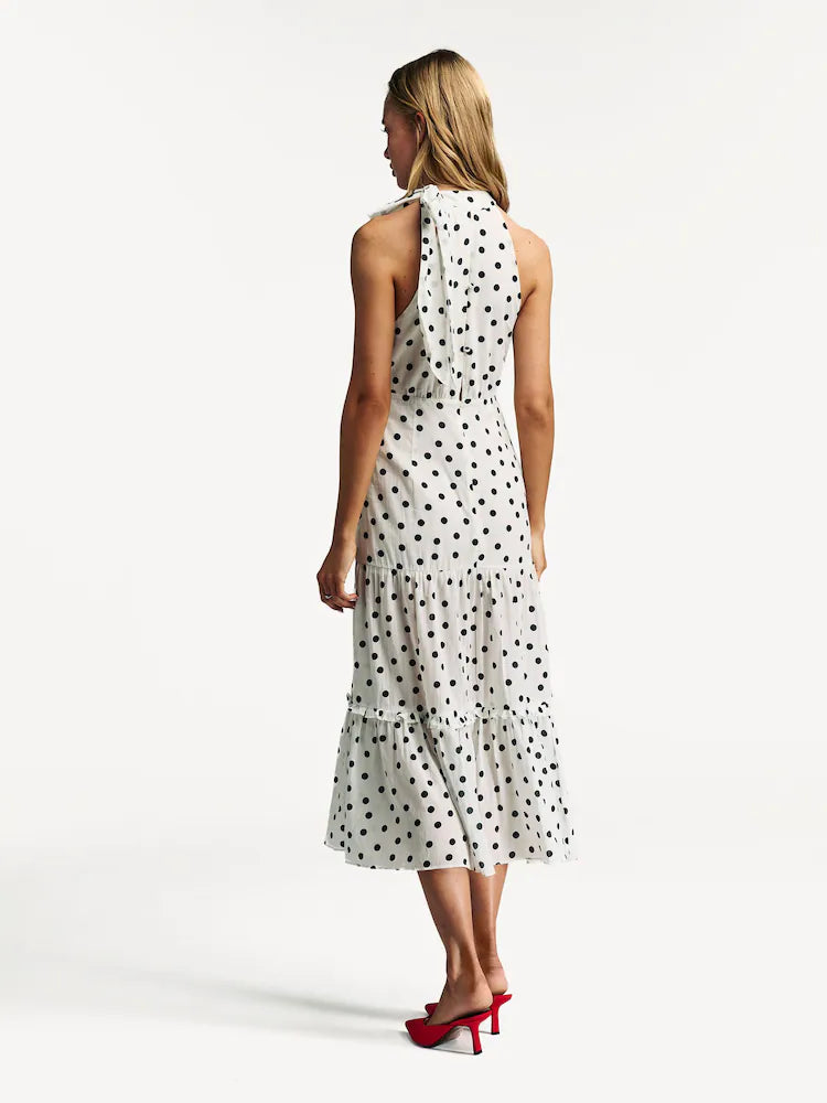 Rixo weißes Eleanor Polka Dot Stufen-Midikleid