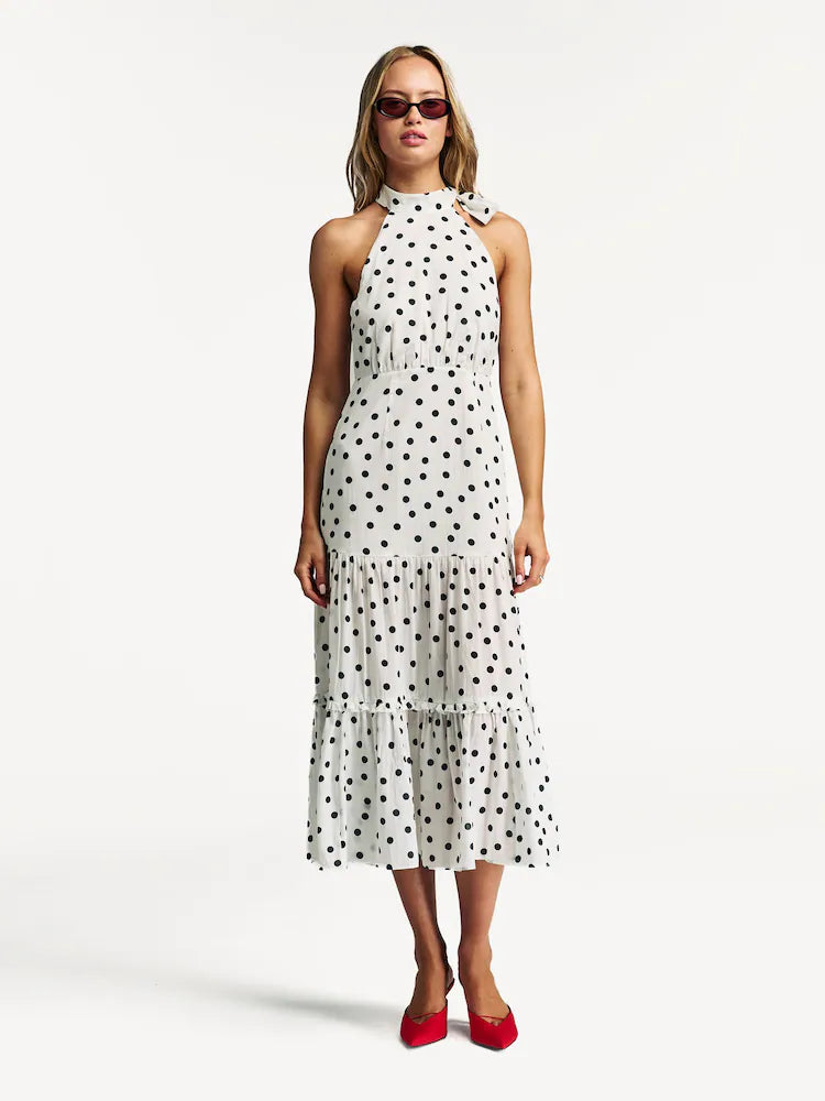 Rixo weißes Eleanor Polka Dot Stufen-Midikleid