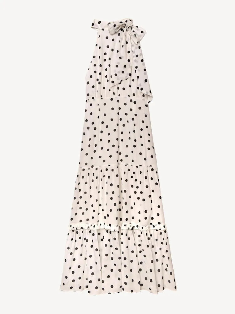 Rixo weißes Eleanor Polka Dot Stufen-Midikleid