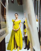 Elie Saab Lime Green Ruffle Detail Off Shoulder Open Leg Formal Gown AW23/24 - House Of Huntington