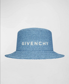 A blue Givenchy woven raffia straw hat with logo embroidery on the front.
