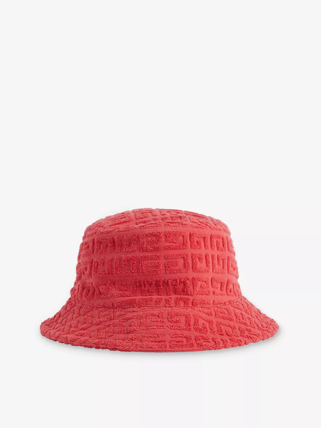 A red Givenchy terry cloth bucket hat with a all-over brand-jacquard design.
