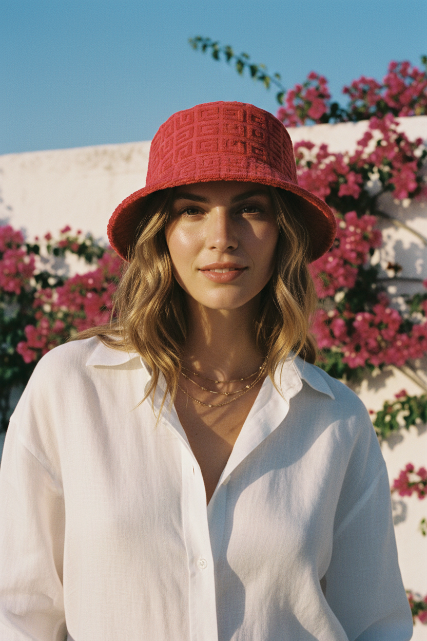 Woman wearing a red bucket hat with a floral background