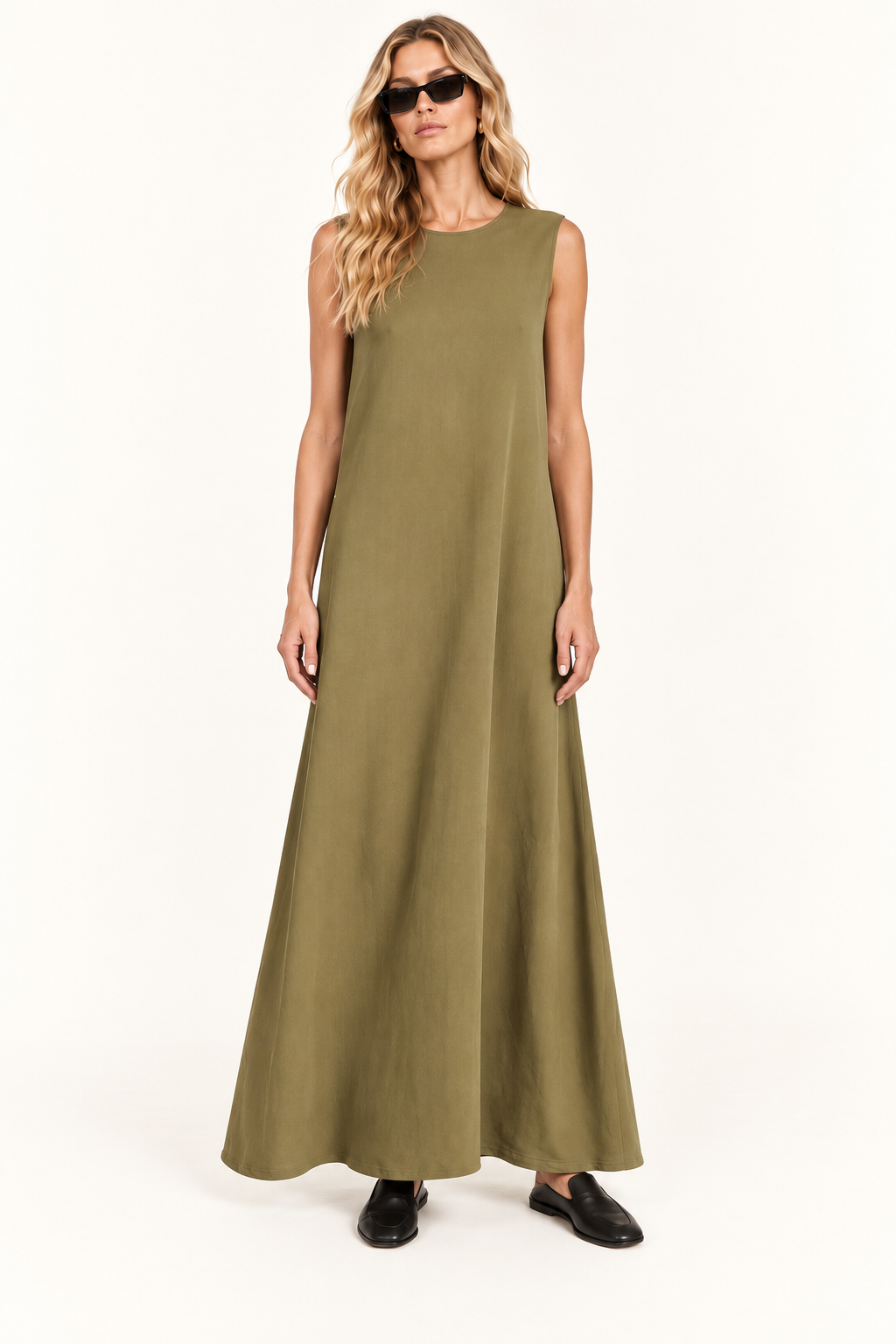 Asceno Khaki Green Tallin Crepe A-Line Dress