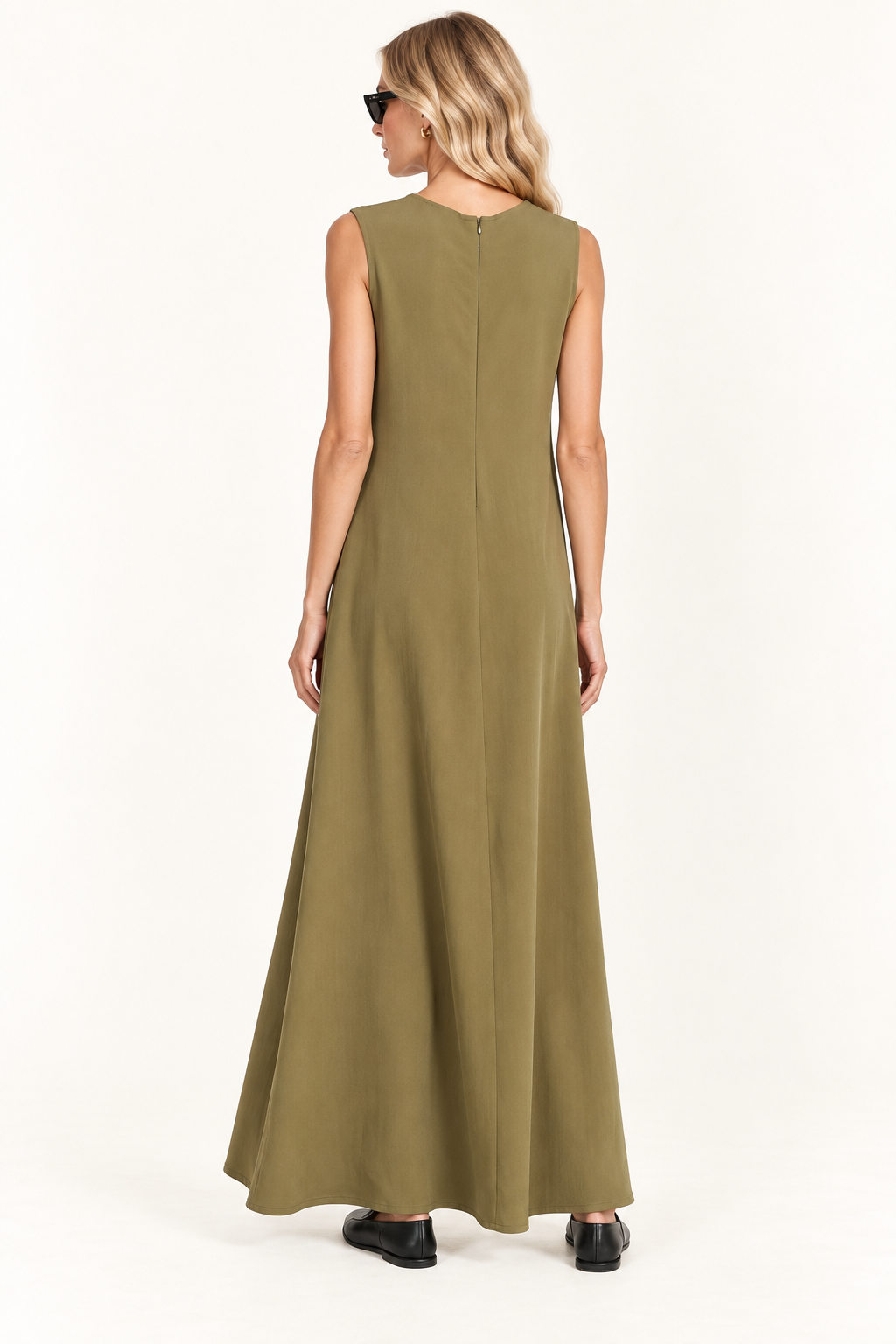 Asceno Khaki Green Tallin Crepe A-Line Dress back of dress