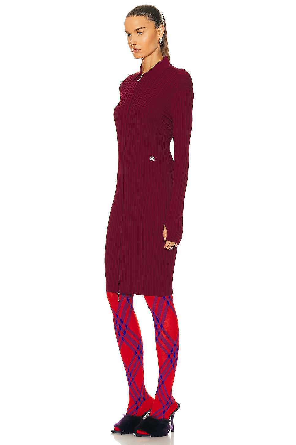Burberry Dark Red Ribbed Long Sleeve Dress