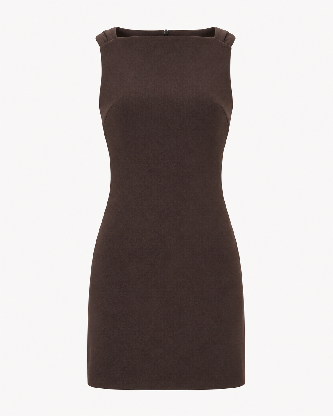 A sleeveless, bodycon mini dress in a dark brown suede-like or microfiber fabric, shown against a plain white background.