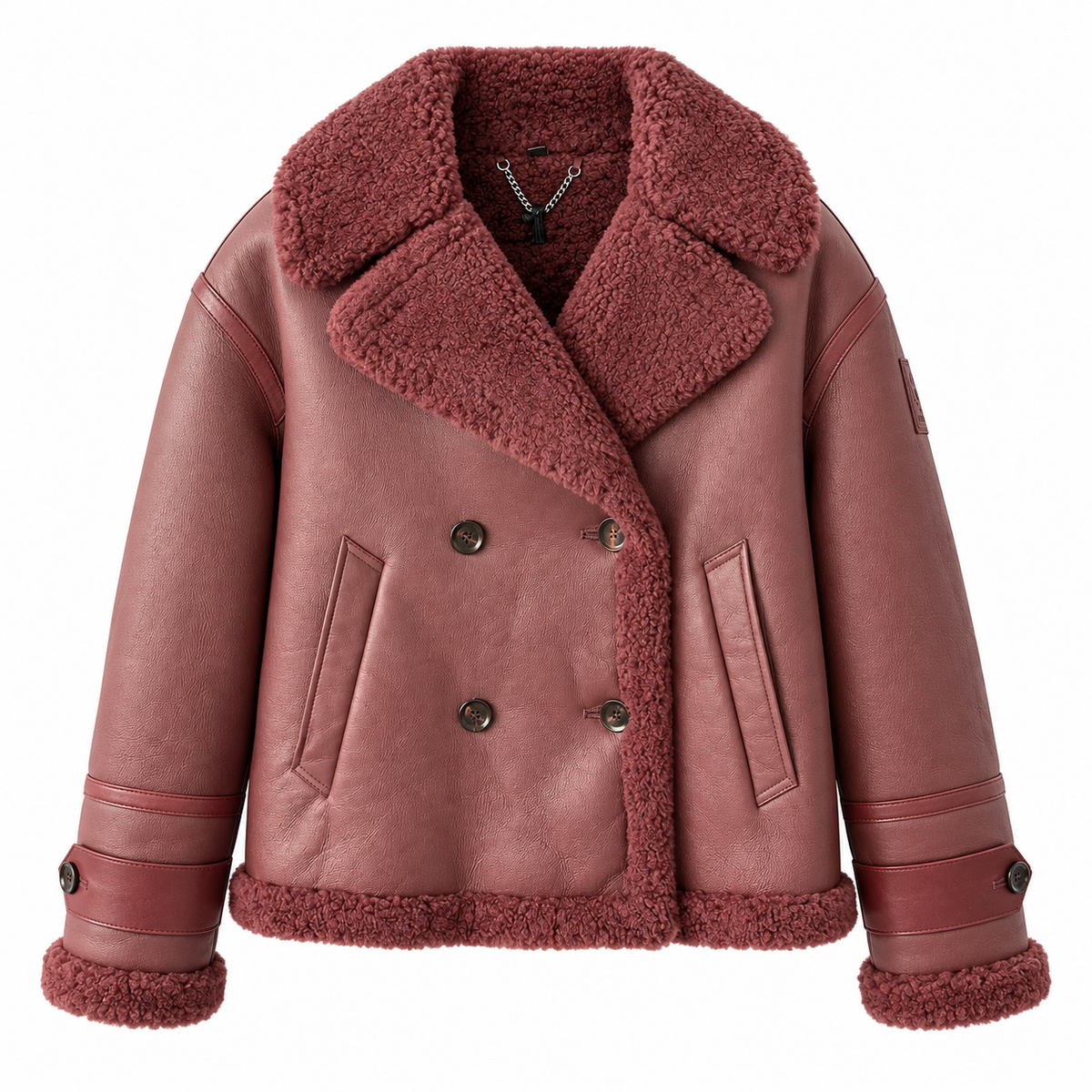A dusty rose faux-shearling jacket with a matching fleece collar, double-breasted with dark buttons, and ribbed cuffs, shown on a plain white background.