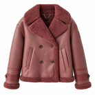 A dusty rose faux-shearling jacket with a matching fleece collar, double-breasted with dark buttons, and ribbed cuffs, shown on a plain white background.