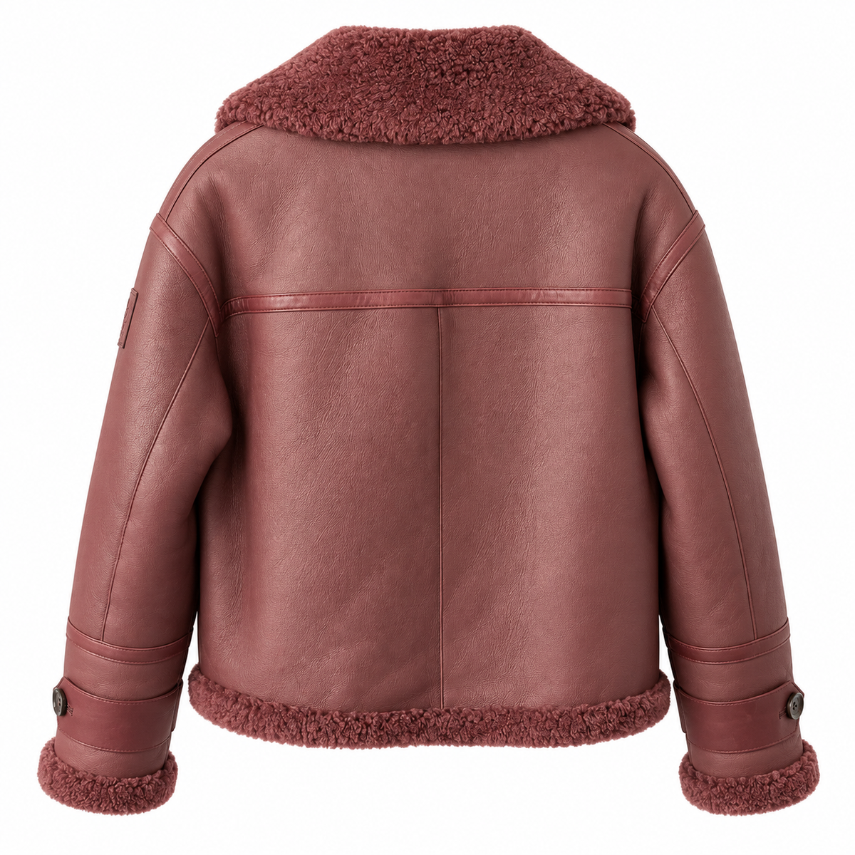 Belstaff Cedar Shearling Leather Jacket A burgundy leather aviator jacket with a matching burgundy sherpa fleece collar, hem, and cuffs, shown from the back on a white background.