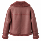 Belstaff Cedar Shearling Leather Jacket A burgundy leather aviator jacket with a matching burgundy sherpa fleece collar, hem, and cuffs, shown from the back on a white background.