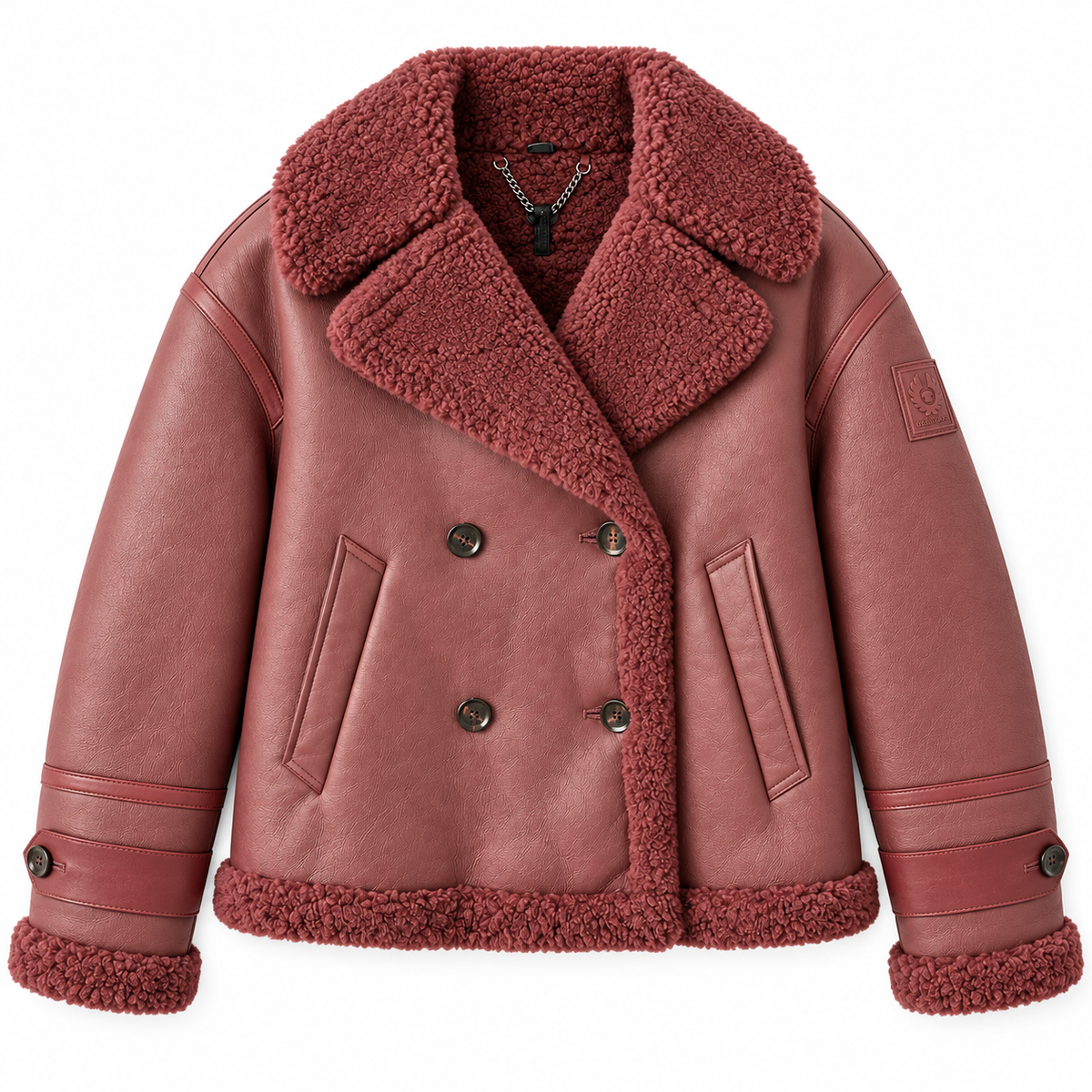 Belstaff Cedar Shearling Leather Jacket A dusty rose faux leather shearling jacket with a matching fleece collar, double-breasted with dark buttons, and ribbed cuffs and hem, shown on a plain white background.