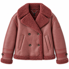 Belstaff Cedar Shearling Leather Jacket A dusty rose faux leather shearling jacket with a matching fleece collar, double-breasted with dark buttons, and ribbed cuffs and hem, shown on a plain white background.