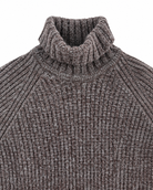 Belstaff Marine Roll Neck Jumper Charcoal 2 - Close-up of a ribbed knit turtleneck sweater in a heathered dark brown and gray color, showing the texture of the collar and upper chest against a plain white background.
