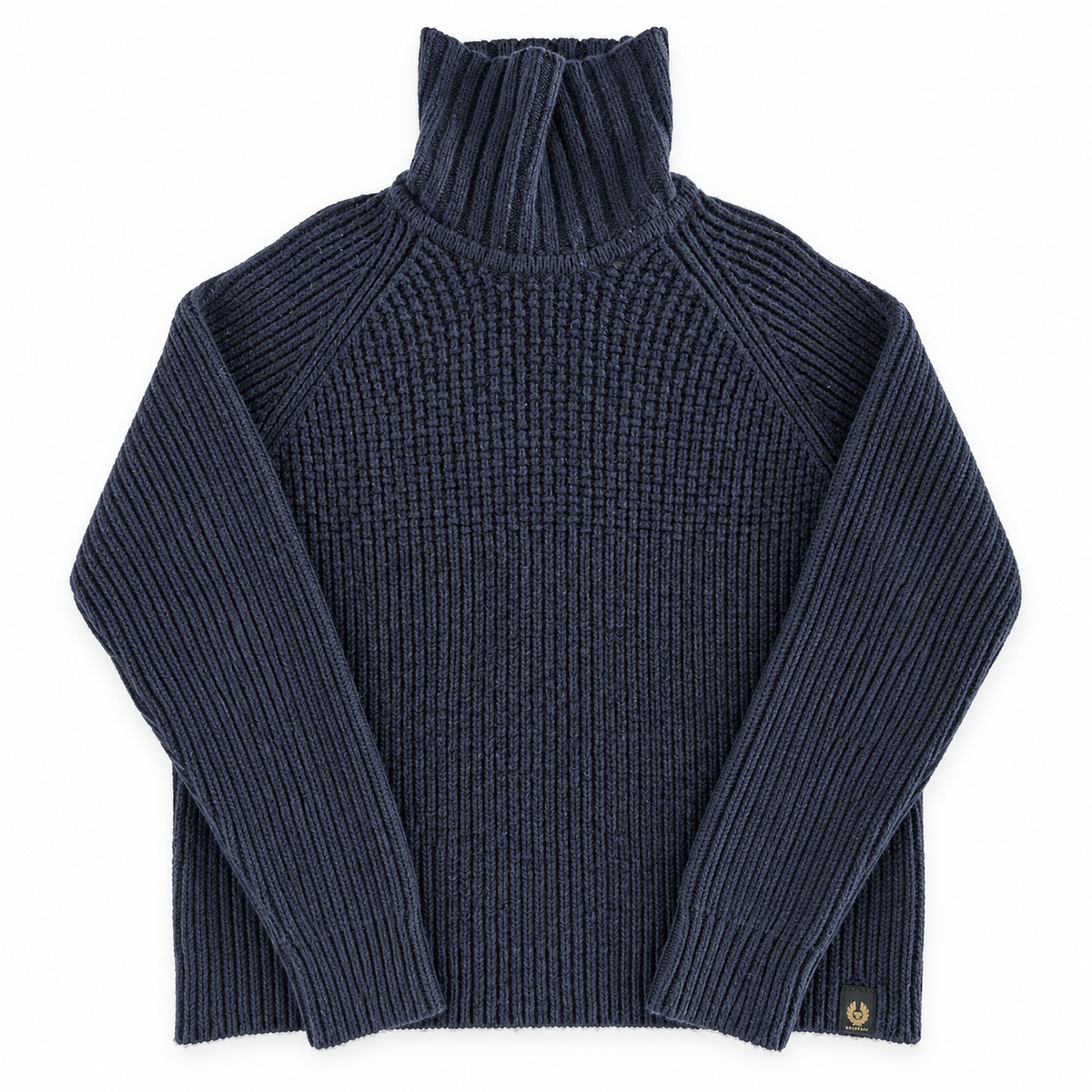 A navy blue ribbed knit turtleneck sweater with raglan sleeves, displayed flat against a solid white background.