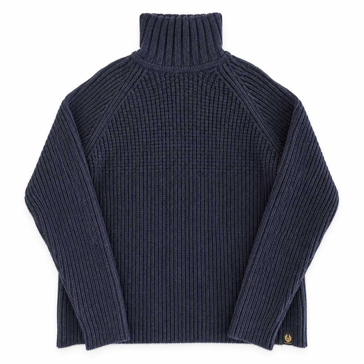 A navy blue ribbed knit turtleneck sweater with raglan sleeves, shown flat against a solid white background.