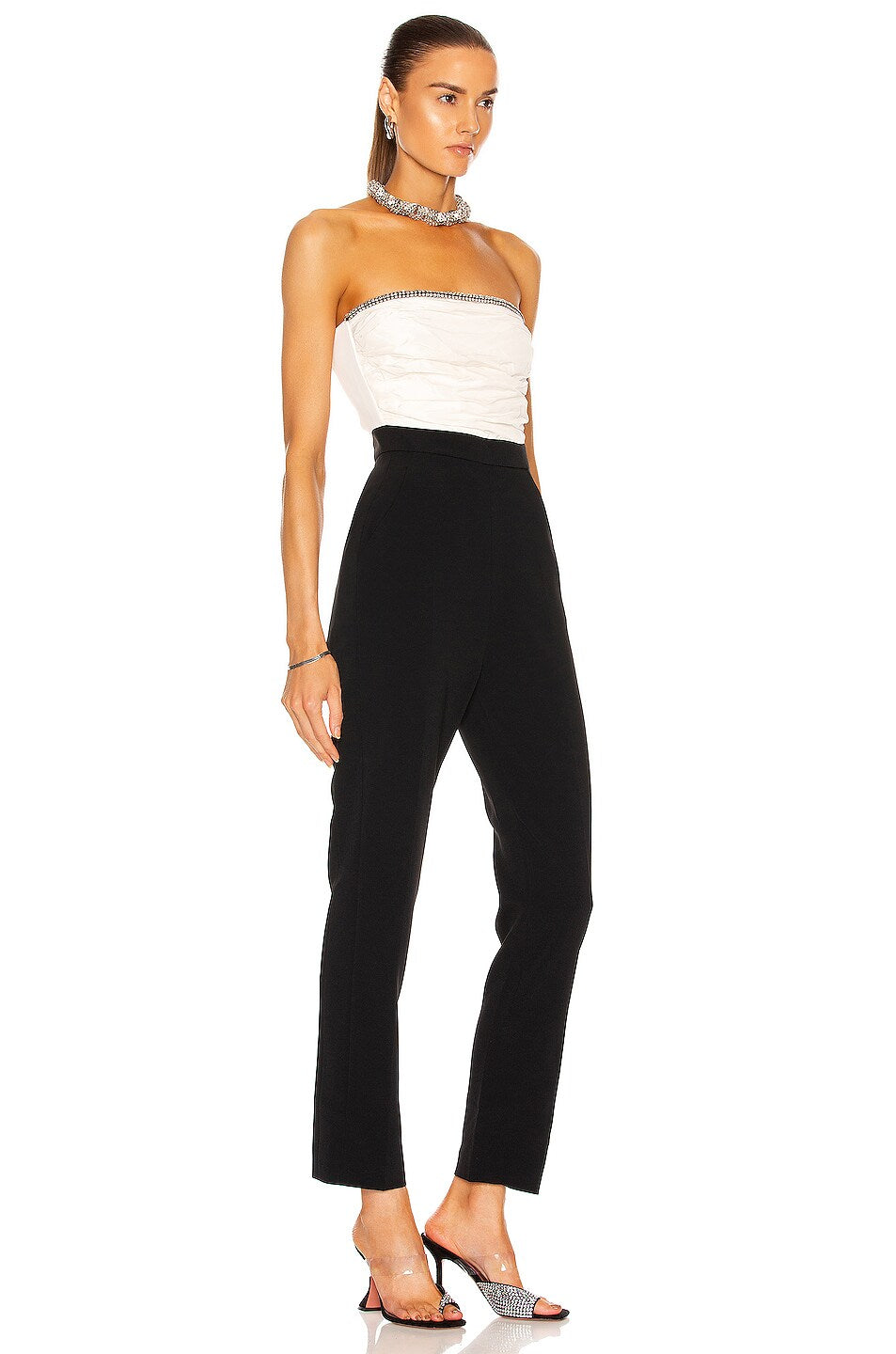 DAVID KOMA Crystal Embellished Ruched Front Strapless White Black Monochrome Jumpsuit - House Of Huntington