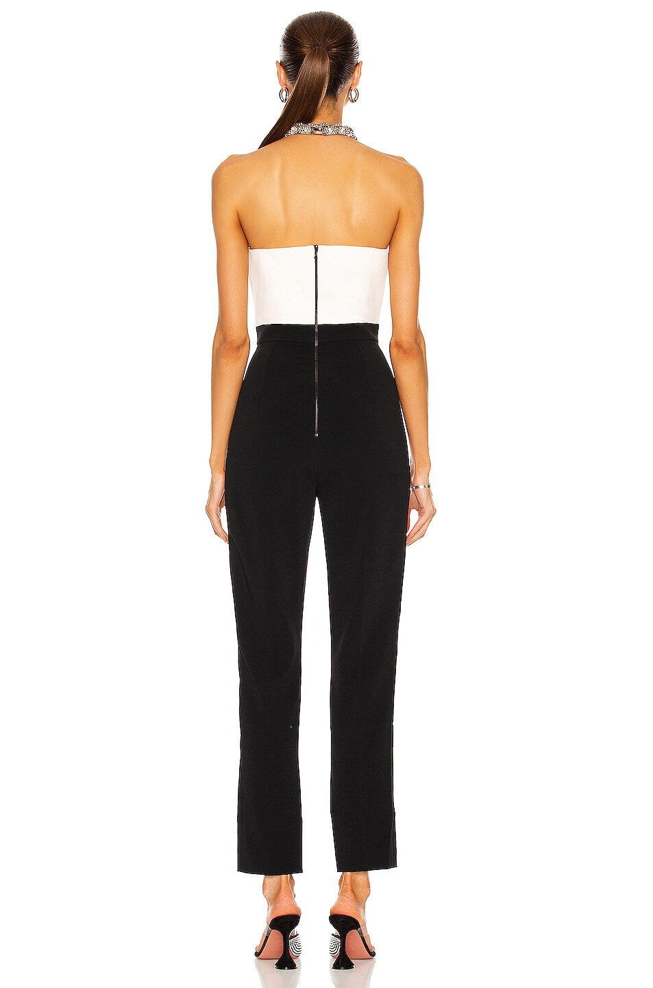 DAVID KOMA Crystal Embellished Ruched Front Strapless White Black Monochrome Jumpsuit - House Of Huntington
