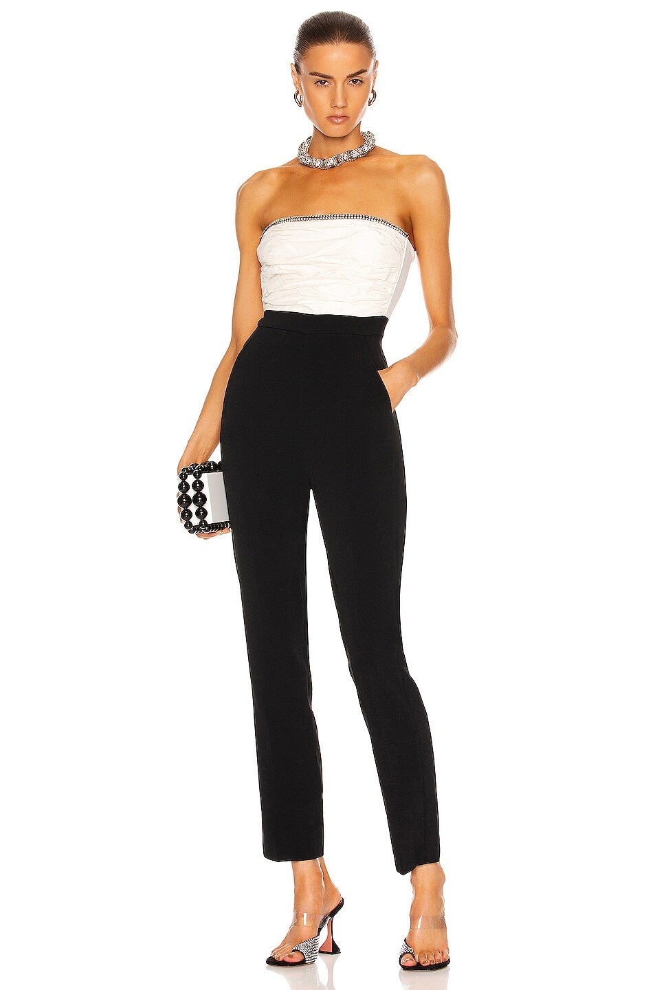 DAVID KOMA Crystal Embellished Ruched Front Strapless White Black Monochrome Jumpsuit - House Of Huntington