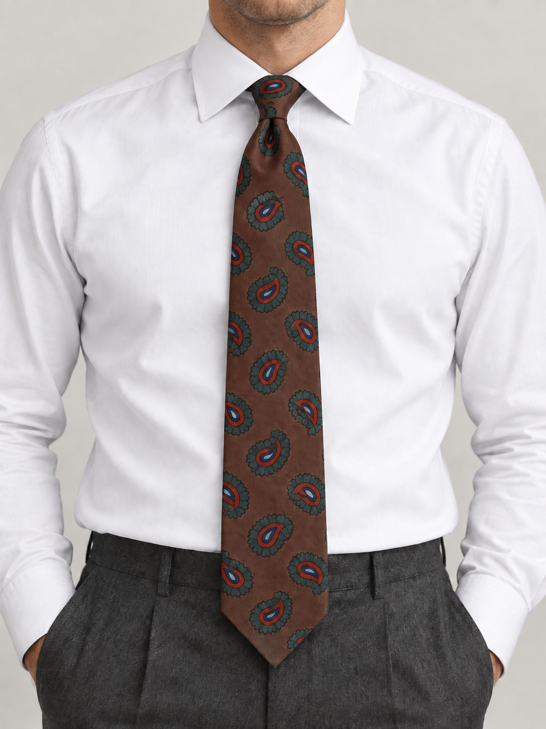 Drake’s Michael J Drake Brown Paisley Print Tie