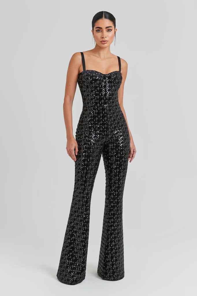 NADINE MERABI Black Hailey Embroidered Sequinned Sweetheart Neck Flare Jumpsuit - House Of Huntington