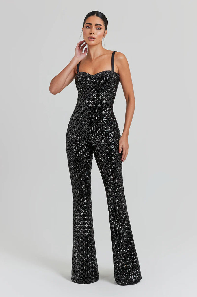 NADINE MERABI Black Hailey Embroidered Sequinned Sweetheart Neck Flare Jumpsuit - House Of Huntington