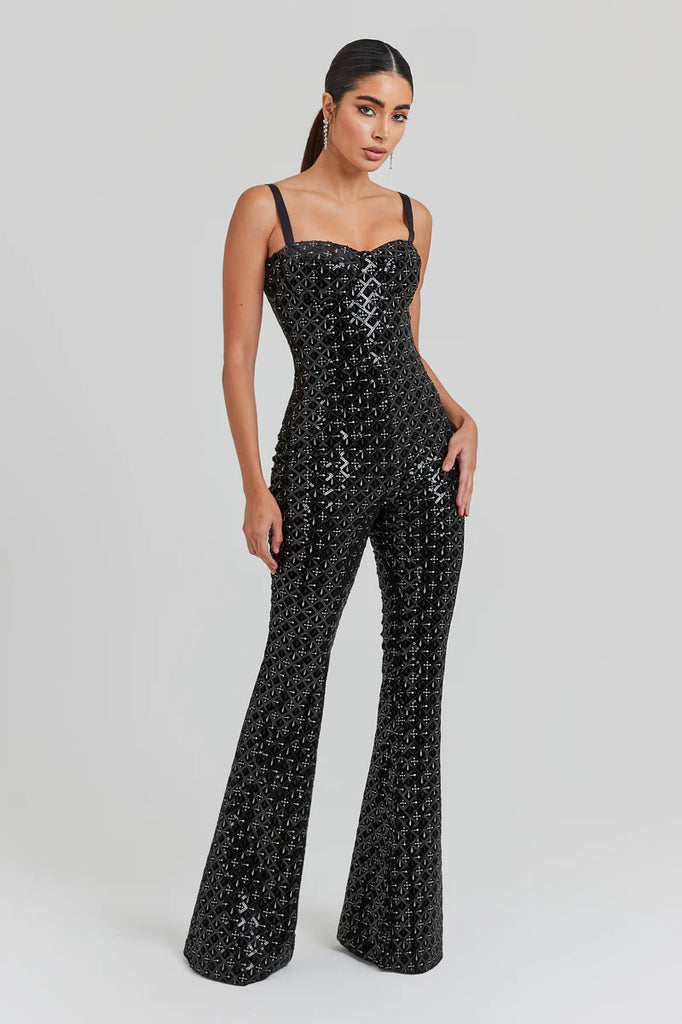 NADINE MERABI Black Hailey Embroidered Sequinned Sweetheart Neck Flare Jumpsuit - House Of Huntington