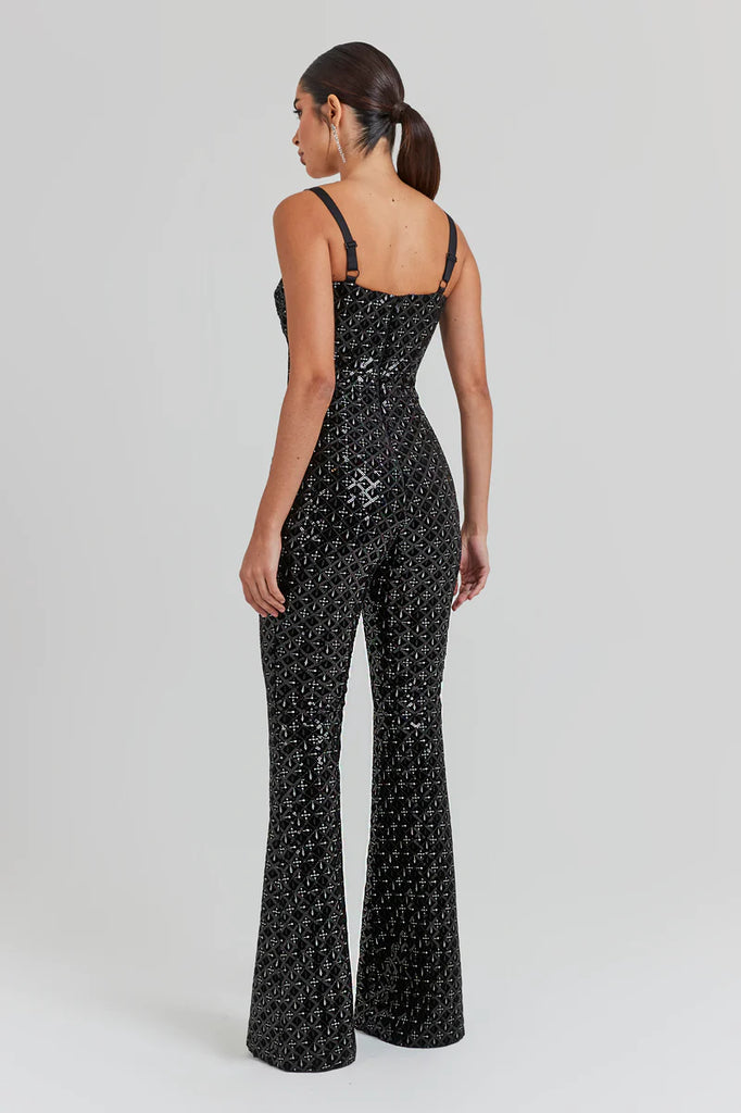 NADINE MERABI Black Hailey Embroidered Sequinned Sweetheart Neck Flare Jumpsuit - House Of Huntington