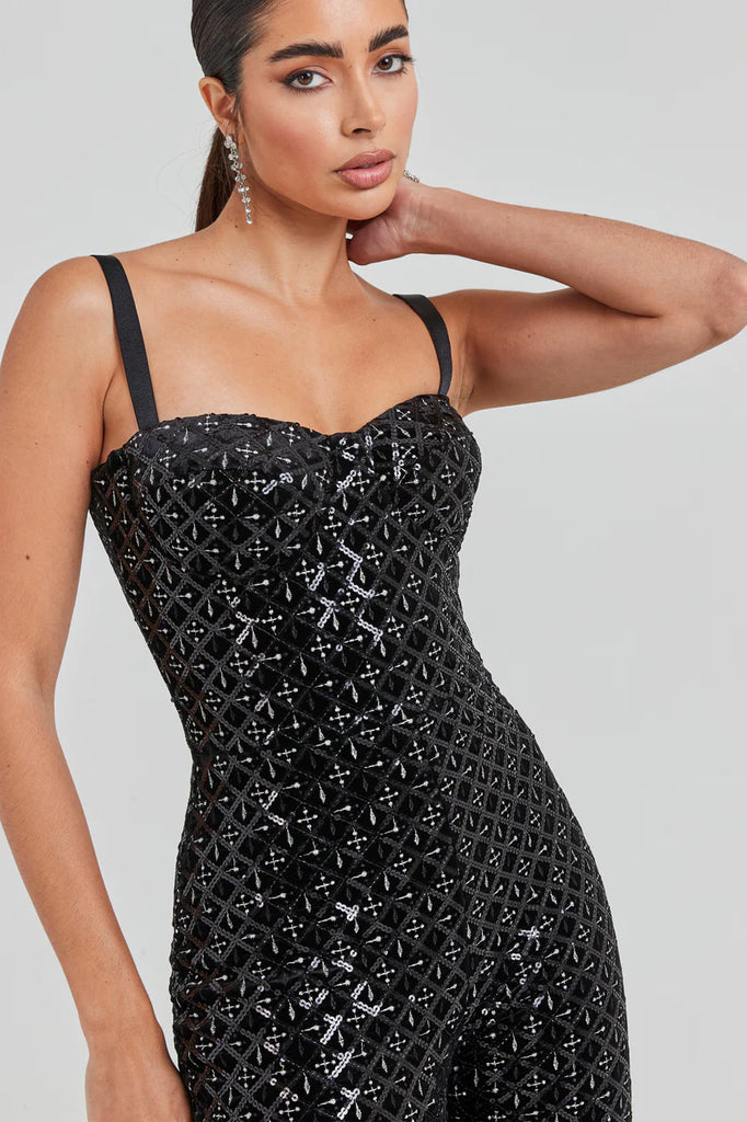 NADINE MERABI Black Hailey Embroidered Sequinned Sweetheart Neck Flare Jumpsuit - House Of Huntington