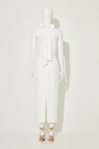 odd muse white strapless dress with a high slit on mannequin against a plain background