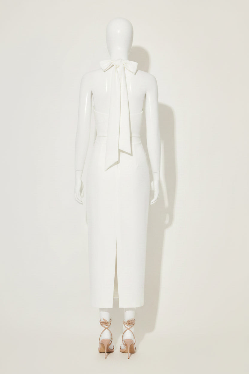 odd muse white strapless dress with a high slit on mannequin against a plain background