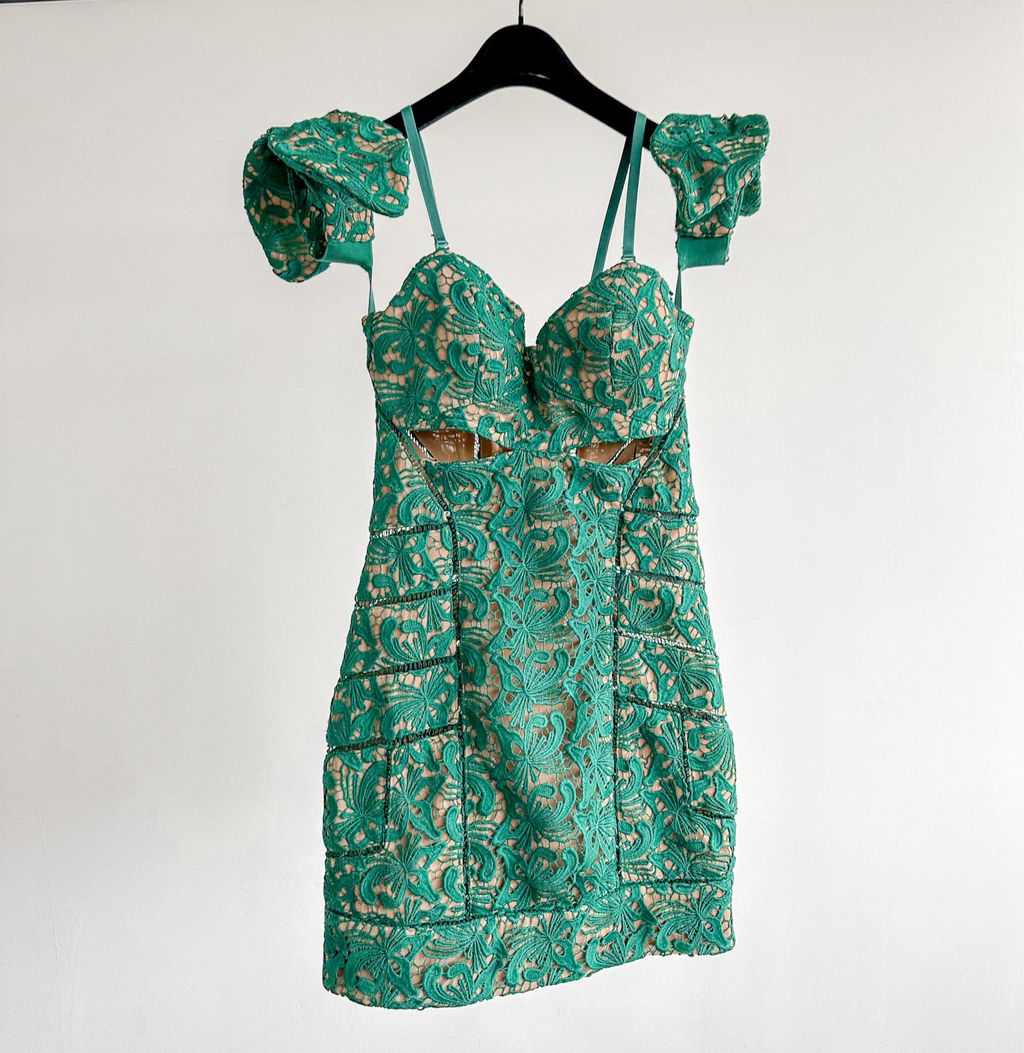 Selbstporträt-Schmetterlings-Guipure-Spitze-grünes Kleid