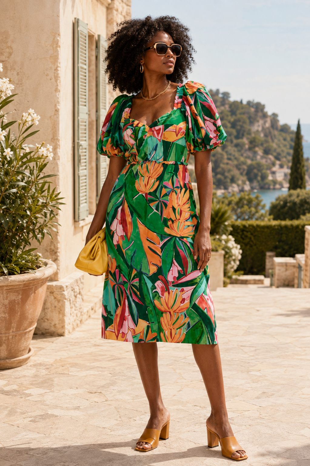 A woman stands outdoors on a sunlit stone terrace wearing a knee-length tropical print dress with puff sleeves, a gathered waist, and a bold leaf pattern in green, pink, orange, and yellow. She is also wearing tan heeled sandals and holding a small yellow clutch.