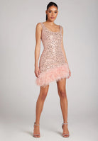 NADINE MERABI Pink Evie Pearl Sequin Embellished Feather Trim Dress - House Of Huntington