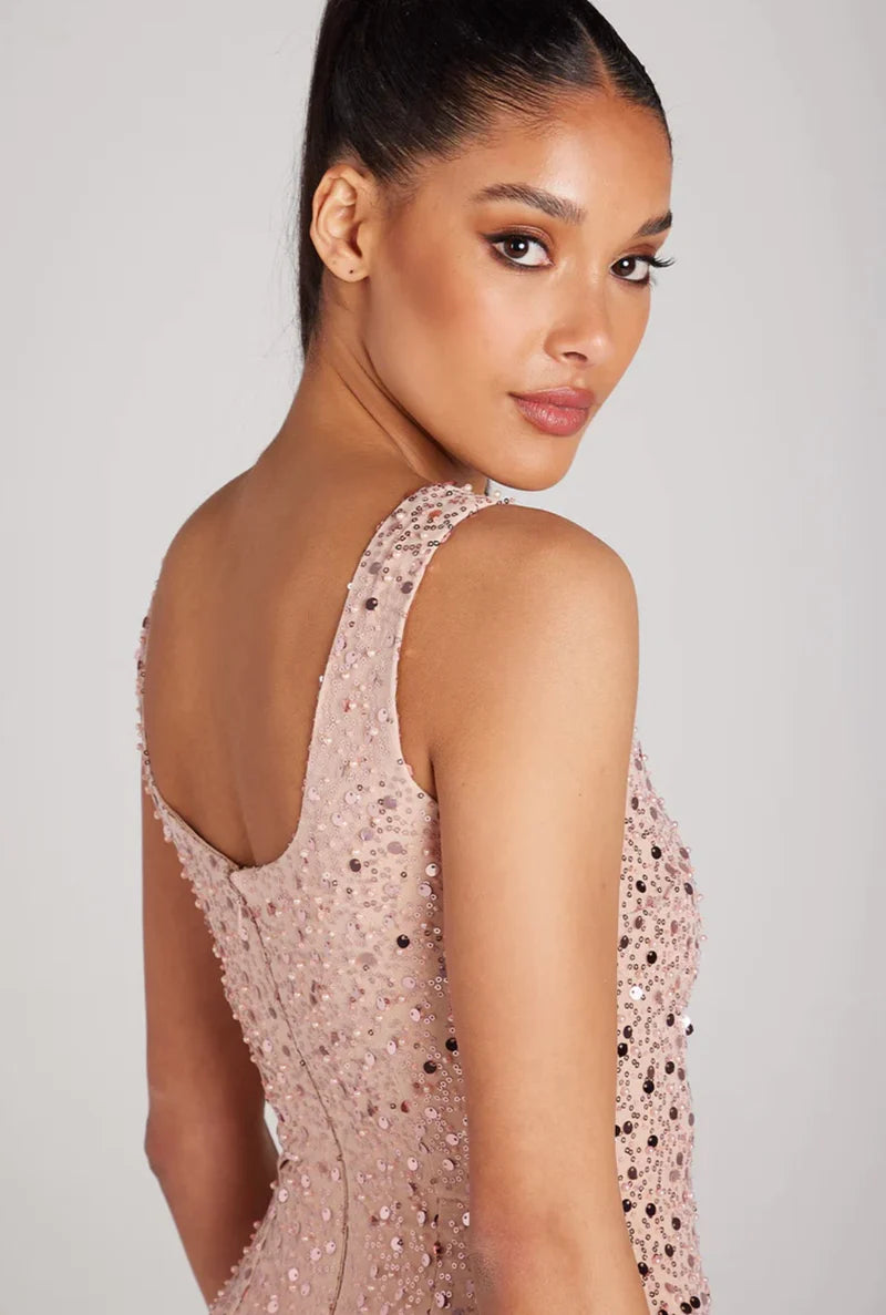 NADINE MERABI Pink Evie Pearl Sequin Embellished Feather Trim Dress - House Of Huntington
