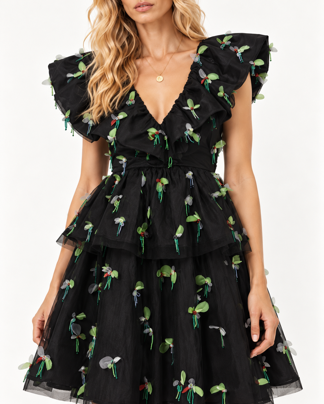 GANNI Tiered Tulle Embellished Mini Dress