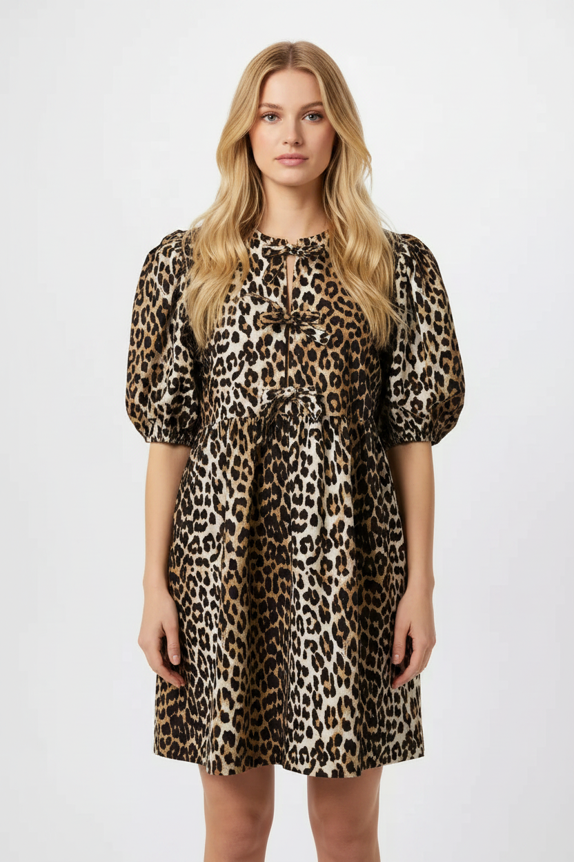 Ganni Leopard Print Poplin Puff Sleeve Bow Tie Mini Dress