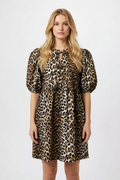 Ganni Leopard Print Poplin Puff Sleeve Bow Tie Mini Dress