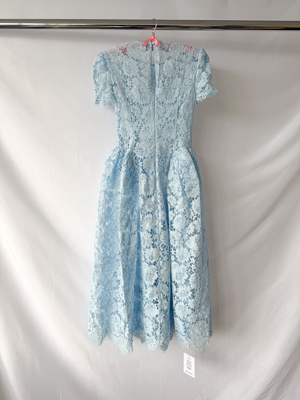 Self-Portrait x Disney Blue Floral-Lace Short-Sleeves Woven Midi Dress