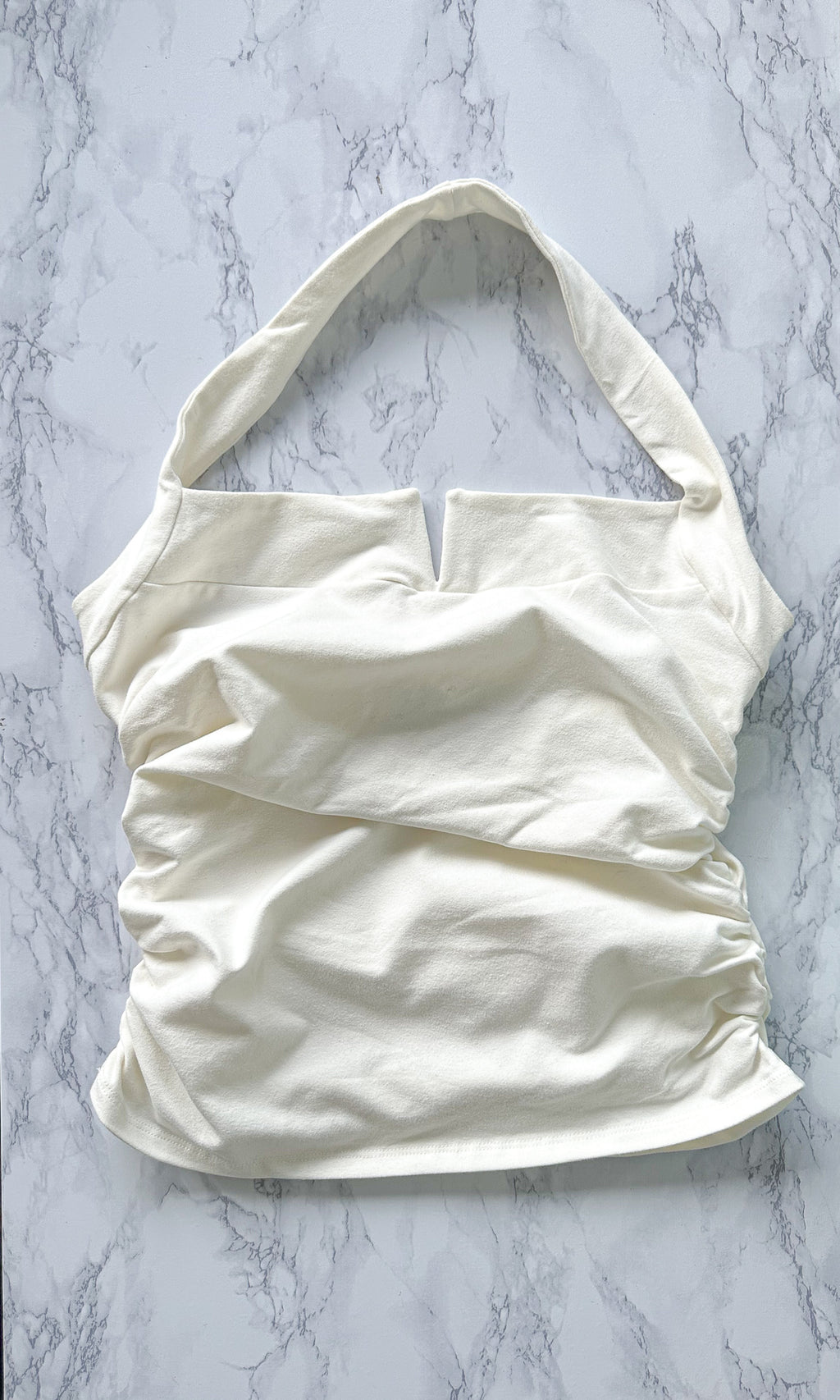 Reformation Arwen White Knit Halterneck Ruched Side Top