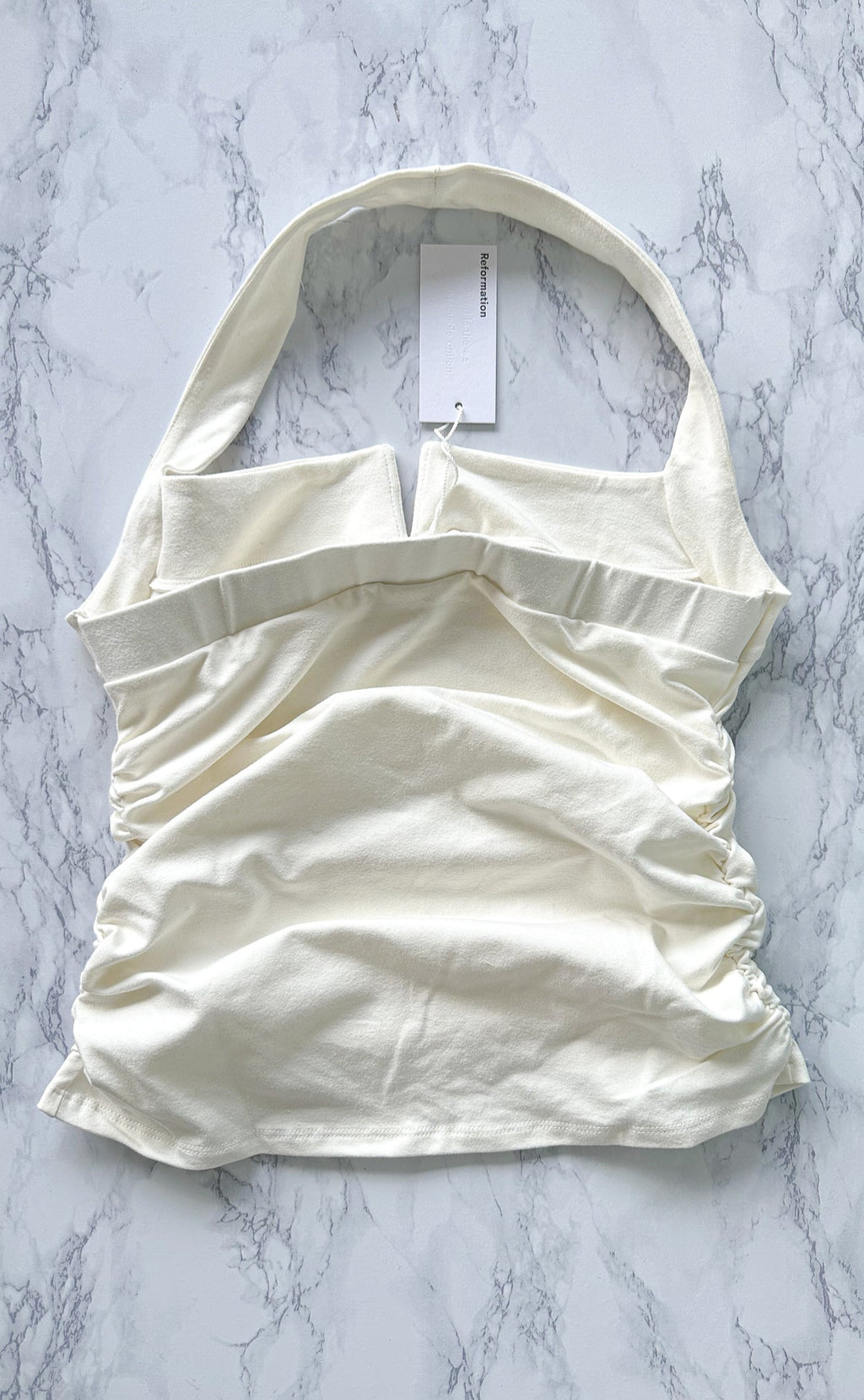 Reformation Arwen White Knit Halterneck Ruched Side Top