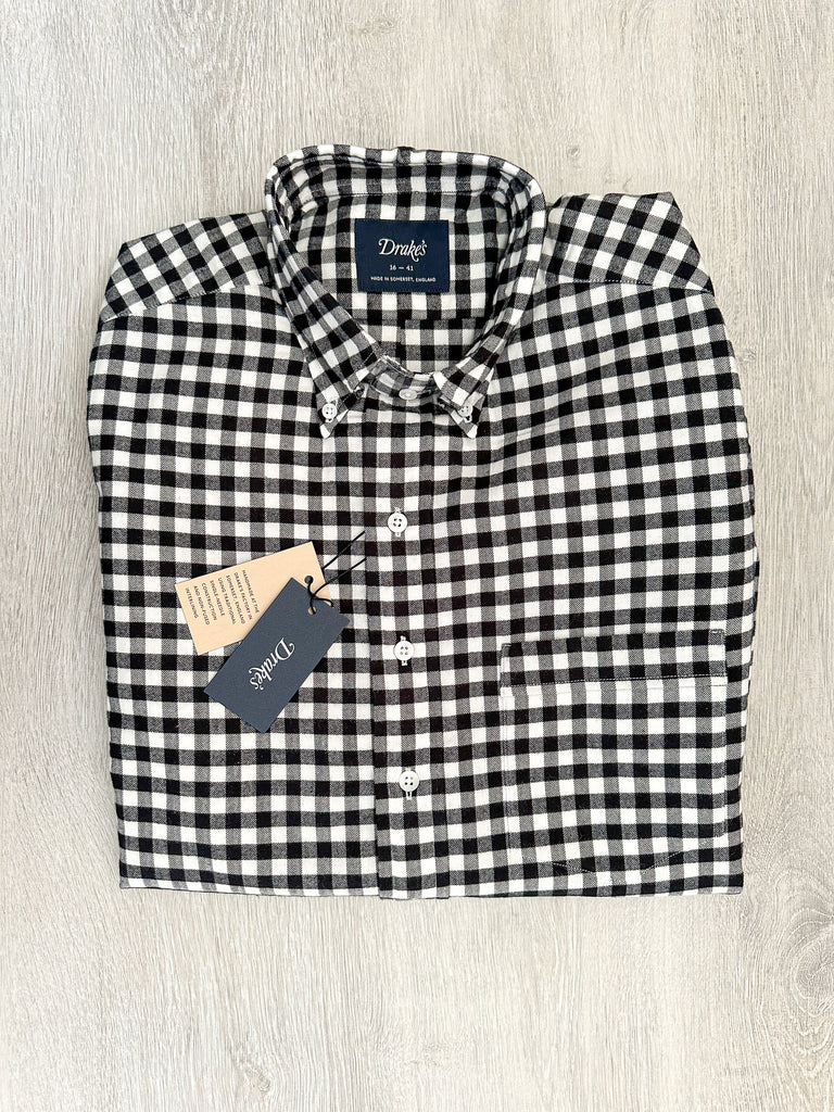 Drake's Black White Checkerboard Brushed Cotton Shirt