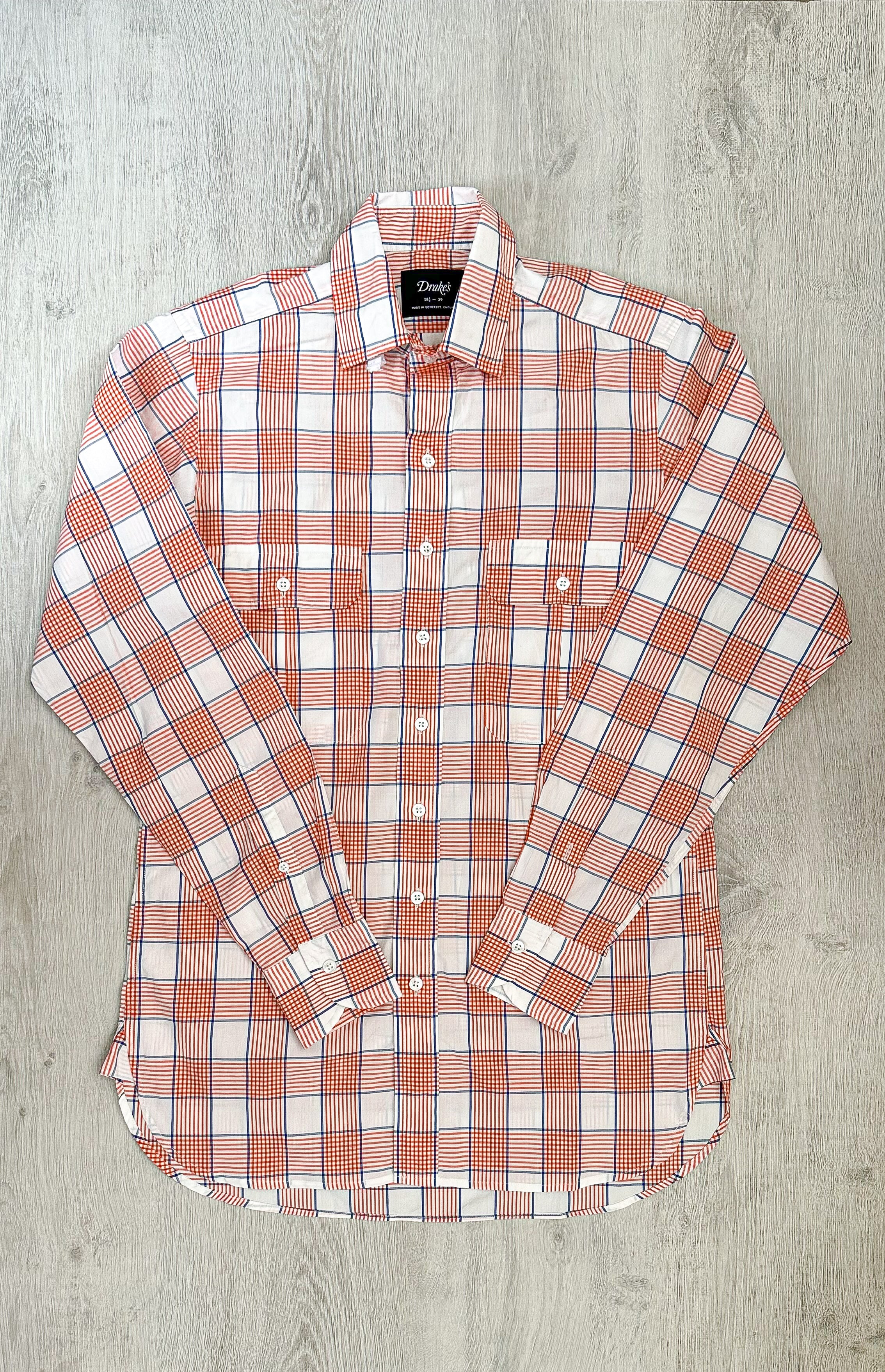 Drake's Check Red White Double Pocket Cotton Shirt - House Of Huntington