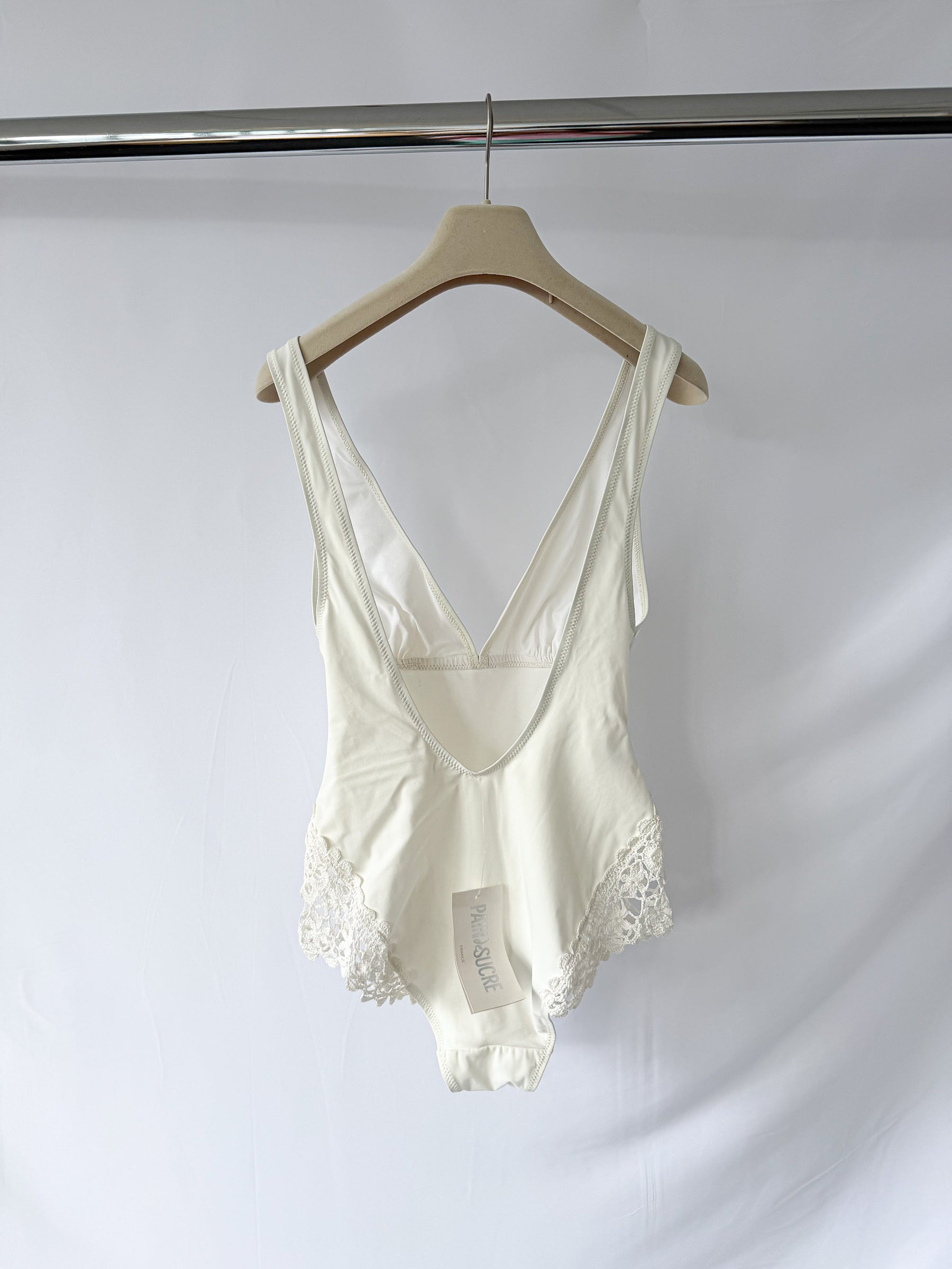 Pain De Sucre Cream Crochet Hip Sides V-neck Swimsuit