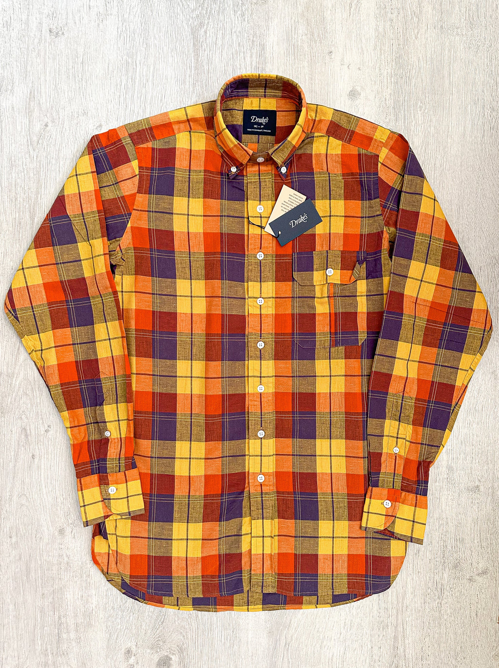 Drake's Check Red Yellow Cotton Linen Long Sleeve Collared Shirt - House Of Huntington