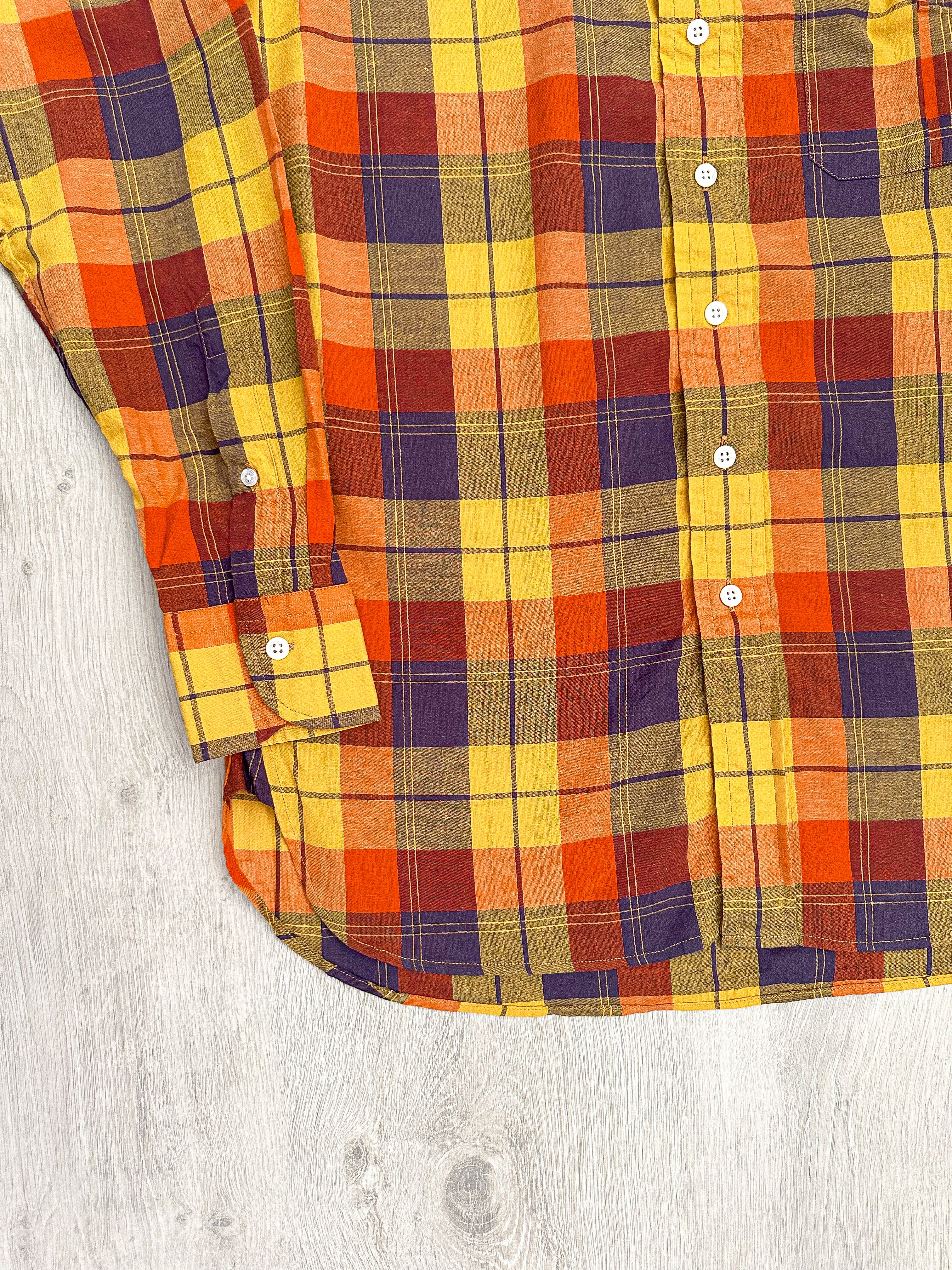 Drake's Check Red Yellow Cotton Linen Long Sleeve Collared Shirt - House Of Huntington