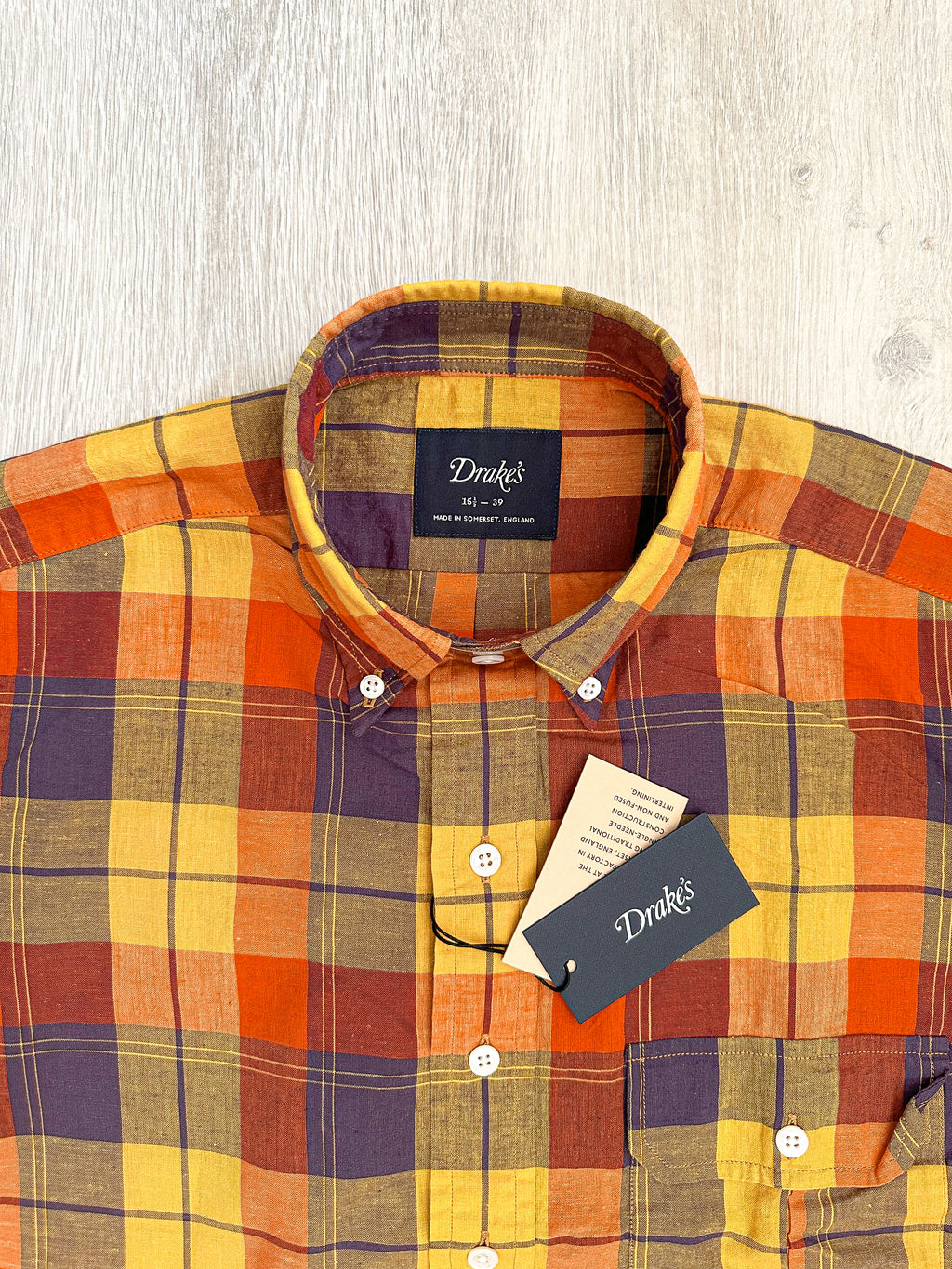 Drake's Check Red Yellow Cotton Linen Long Sleeve Collared Shirt - House Of Huntington