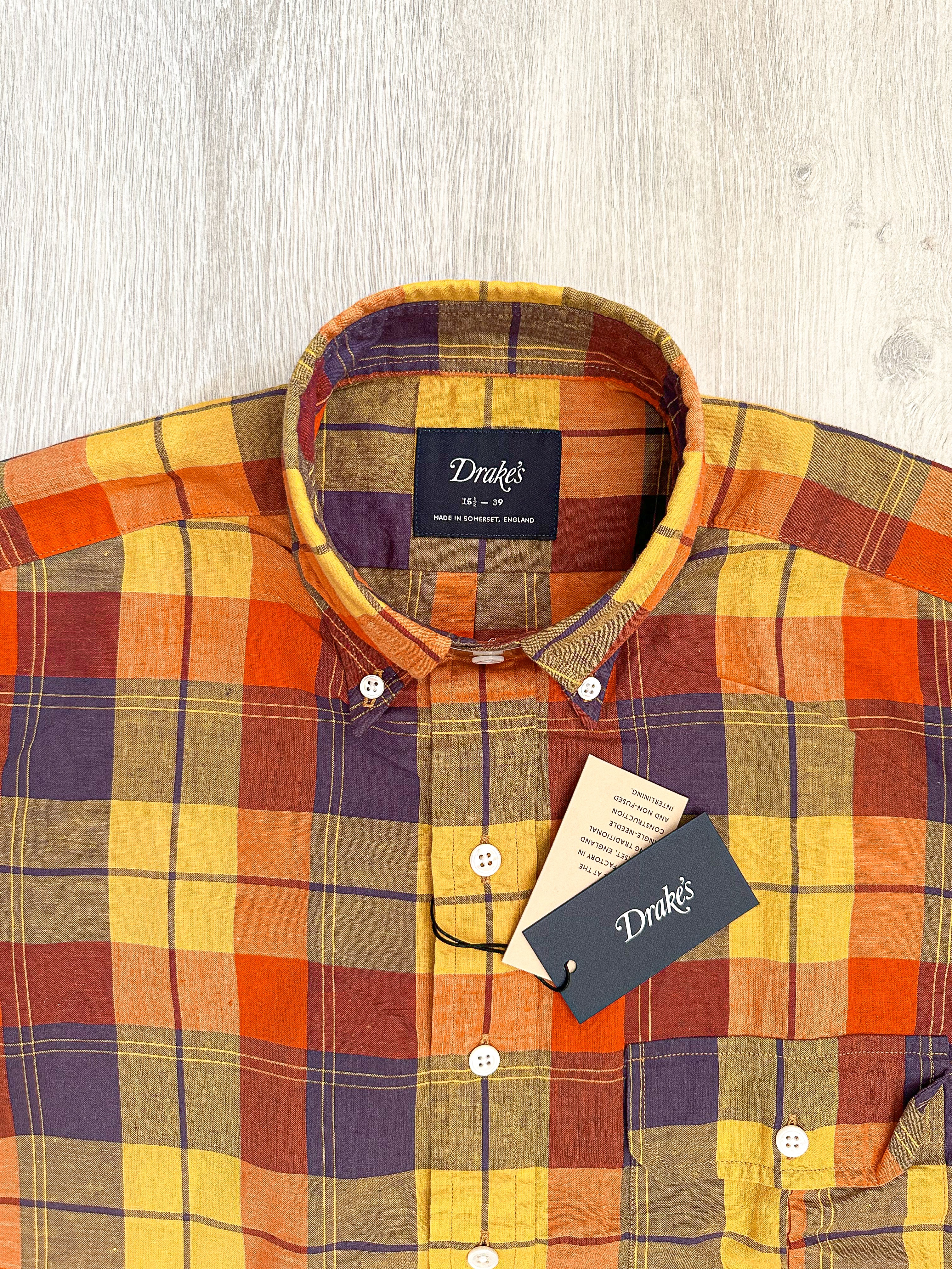 Drake's Check Red Yellow Cotton Linen Long Sleeve Collared Shirt - House Of Huntington